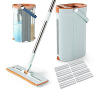 Costway Flat Mop & Bucket Set 3-Tank Floor Cleaning System 8 Microfiber Pads in Pale Green COSTWAY Pale Green
