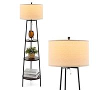 COSTWAY Floor Lamp with Shelves, 3 Layers Trapezoid Standing Light with Chain Switch, Wooden Corner Reading Lamp for Bedroom Living Room Office Decoration (Circular)