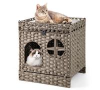 Costway Foldable 2-Tier Rattan Cat Litter Box Enclosure W/ Litter Mat Wicker Hidden Kitten Condo