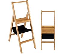 COSTWAY Foldable 3 Steps Ladder, 330lbs/150kg Capacity Bamboo Stepladder with Tool Storage Bag, High Handgrip and Anti-slip Foot Pads, Lightweight Household Step Stool for Home Kitchen Nature