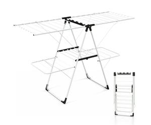 COSTWAY Foldable Clothes Drying Rack, 2-Level Clothes Airer Dryer Horse with Height-Adjustable Wings, 33 Rails & Sock Clips, Stainless Steel Freestanding Laundry Rack for Indoor Outdoor (White)