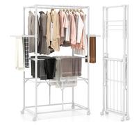 COSTWAY Foldable Clothes Drying Rack, Rolling Aluminum Clothes Airer Dryer Hanger with Folding/Removable Shelves and Lockable Wheels, Freestanding Laundry Rack Clothes Horse for Indoor Outdoor, White