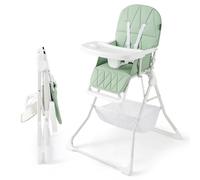COSTWAY Foldable Highchair for Babies and Toddlers, Compact Lightweight High Chair with 3-Position Adjustable Tray & Footrest, Removable Seat Cushion (Green with Basket)