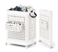 COSTWAY Foldable Laundry Basket on Wheels, 75L Rolling Laundry Hamper Sorter with Hanging Basket and Handles, Collapsible Plastic Dirty Clothes Cart Washing Bin Organiser for Bathroom Bedroom, White