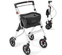COSTWAY Foldable Rollator, Wheeled Mobility Walker with Storage Basket, Removable Tray, 4 Wheels and Brakes, Lightweight Narrow Walking Aid for Elderly Disabled (White)