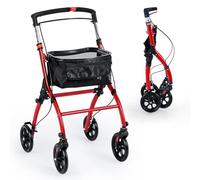 COSTWAY Foldable Rollator, Wheeled Mobility Walker with Storage Basket, Removable Tray, 4 Wheels and Brakes, Lightweight Narrow Walking Aid for Elderly Disabled (Red)