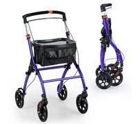 COSTWAY Foldable Rollator, Wheeled Mobility Walker with Storage Basket, Removable Tray, 4 Wheels and Brakes, Lightweight Narrow Walking Aid for Elderly Disabled (Purple)