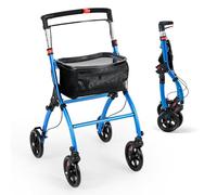 COSTWAY Foldable Rollator, Wheeled Mobility Walker with Storage Basket, Removable Tray, 4 Wheels and Brakes, Lightweight Narrow Walking Aid for Elderly Disabled (Blue)