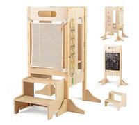 COSTWAY Foldable Toddler Tower, Wooden Kitchen Stool Helper with 2 Step Stool, Chalkboard, Montessori Activity Games, Anti-Slip Feet, Kids Learning Standing Tower