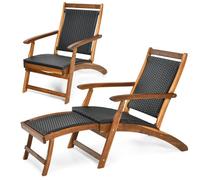 Costway Folding Acacia Wood Lounge Chair With Retractable Footrest