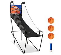 COSTWAY Folding Basketball Arcade Game, Interactive Shooting Game with Electronic Scorer & Buzzer, 3 Basketballs and Pump, Indoor Basketball Hoop Net Stand for Kids Adults