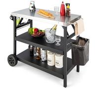 Costway Folding Bbq Serving Trolley 3 Tier Movable Pizza Oven Table W/ Adjustable Shelf