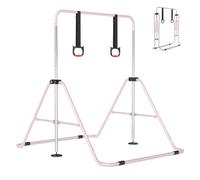 COSTWAY Folding Gymnastics Bar, Height Adjustable Horizontal Kip Bars with Anti-slip Base, Expandable Training Monkey Bar Home Equipment for Kids Juniors (with Gymnastic Rings, Pink)