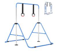 COSTWAY Folding Gymnastics Bar, Height Adjustable Horizontal Kip Bars with Anti-slip Base, Expandable Training Monkey Bar Home Equipment for Kids Juniors (with Gymnastic Rings, Blue)