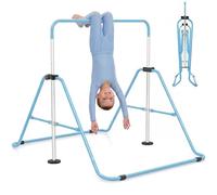 COSTWAY Folding Gymnastics Bar, Height Adjustable Horizontal Kip Bars with Anti-slip Base, Expandable Training Monkey Bar Home Equipment for Kids Juniors (without Gymnastic Rings, Blue)