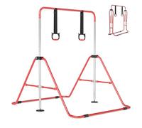 COSTWAY Folding Gymnastics Bar, Height Adjustable Horizontal Kip Bars with Anti-slip Base, Expandable Training Monkey Bar Home Equipment for Kids Juniors (with Gymnastic Rings, Red)