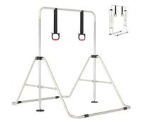 COSTWAY Folding Gymnastics Bar, Height Adjustable Horizontal Kip Bars with Anti-slip Base, Expandable Training Monkey Bar Home Equipment for Kids Juniors (with Gymnastic Rings, Beige)