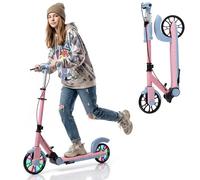 COSTWAY Folding Kick Scooter, 2 Flash Wheels Scooter with 3-Level Adjustable Handlebar and Rear Foot Brake, Lightweight Aluminum Sports Scooters for Kids Teens Adults (Pink, 17 cm)