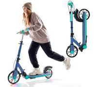 COSTWAY Folding Kick Scooter, 2 Flash Wheels Scooter with 3-Level Adjustable Handlebar and Rear Foot Brake, Lightweight Aluminum Sports Scooters for Kids Teens Adults (Blue, 17 cm)