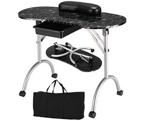COSTWAY Folding Manicure Nail Table, Portable Mobile Nail Station Beauty Technician Desk with Drawer, Wrist Cushion and Carrying Bag, Professional Spa Salon Art Table (Black)