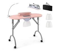 COSTWAY Folding Manicure Nail Table, Portable Nail Station Beauty Technician Desk with Dust Collector, LED Lamp, Wrist Pad, Lockable Wheels & Carrying Bag, Mobile Professional Spa Salon Table (Pink)