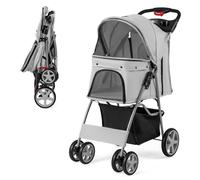 COSTWAY Folding Pet Stroller, 4 Lockable Wheels Dog Travel Pushchair Cat Buggy with Safety Belt, Adjustable Canopy, Cup Holder & Storage Basket, Dogs Cats Prams for Small Medium Pets (Grey)