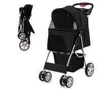 COSTWAY Folding Pet Stroller, 4 Lockable Wheels Dog Travel Pushchair Cat Buggy with Safety Belt, Adjustable Canopy, Cup Holder & Storage Basket, Dogs Cats Prams for Small Medium Pets (Black)