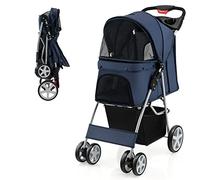 COSTWAY Folding Pet Stroller, 4 Lockable Wheels Dog Travel Pushchair Cat Buggy with Safety Belt, Adjustable Canopy, Cup Holder & Storage Basket, Dogs Cats Prams for Small Medium Pets (Navy)