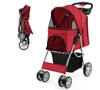 COSTWAY Folding Pet Stroller, 4 Lockable Wheels Dog Travel Pushchair Cat Buggy with Safety Belt, Adjustable Canopy, Cup Holder & Storage Basket, Dogs Cats Prams for Small Medium Pets (Red)