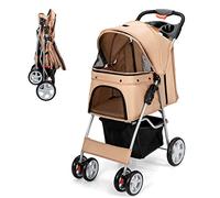 COSTWAY Folding Pet Stroller, 4 Lockable Wheels Dog Travel Pushchair Cat Buggy with Safety Belt, Adjustable Canopy, Cup Holder & Storage Basket, Dogs Cats Prams for Small Medium Pets (Beige)