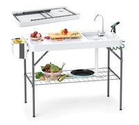 COSTWAY Folding Picnic Table, Portable Fish Cleaning Cutting Station with Sink, Grid Rack, Faucet, Spray Nozzle, Drain Hose and Knife Slot, Outdoor Camping Sink Table, 150kg Capacity
