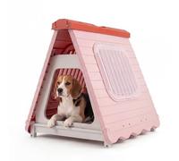 COSTWAY Folding Plastic Dog House, Indoor Outdoor Portable Pet Shelter with Lockable Flap Door & Ventilated Windows, Weatherproof Puppy Kennel for Small to Medium Sized Dogs Cats Rabbits (Pink)