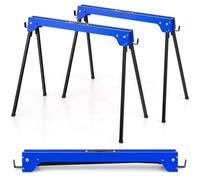COSTWAY Folding Saw Horse Twin Pack, Heavy Duty Work Bench with 2 x 4 Support Arms & Carry Handle, Fully Assembled Trestle Stands Sawhorse, Max Load 454kg/1000kg (454kg, Blue, Metal, 92x48x74cm)