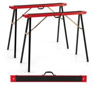 COSTWAY Folding Saw Horse Twin Pack, Heavy Duty Workbench with Non-slip Top & Hinge Brace, Fully Assembled Metal Trestle Stands Sawhorse, Max Load 375kg (Black + Red)