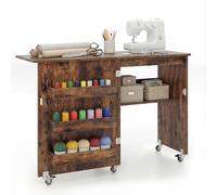 COSTWAY Folding Sewing Table, 2-in-1 Rolling Craft Table with Storage Shelves and Lockable Casters, Space Saving Sewing Machine Cabinet Computer Desk (Rustic Brown)