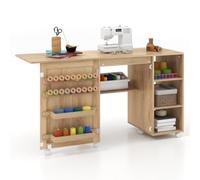 COSTWAY Folding Sewing Table, Mobile Craft Table with Rattan Door (Natural) | Drop Leaf Hobby Station, Storage Shelves, 18 Pegs, Bins, 6 Rolling Wheels, Sewing Machine Cabinet, Space Saving Computer Desk