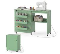 COSTWAY Folding Sewing Table with Charging Station - Sage Green | Lockable Casters 3 Tier Shelf Center Shelf Magnetic Door Small Sewing Desk for Home Apartment Studio