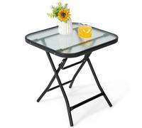 Costway Folding Square Patio Bistro Table Tempered W/ Glass Tabletop Outdoor Coffee Table