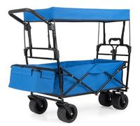 COSTWAY Folding Trolley Cart, 100L Collapsible Garden Festival Wagon with Canopy, Adjustable Handles, Detachable Bag & Wheels, Outdoor Transport Pull Along Carts for Camping Beach Shopping (Blue)