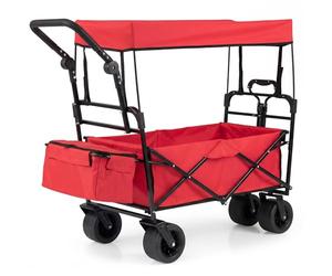 COSTWAY Folding Trolley Cart, 100L Collapsible Garden Festival Wagon with Canopy, Adjustable Handles, Detachable Bag & Wheels, Outdoor Transport Pull Along Carts for Camping Beach Shopping (Red)
