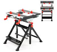 COSTWAY Folding Workbench, 7-Level Height Adjustment Work Table with 4-Position Tiltable Platform, 8 Sliding Clamps, Protractor & Ruler, Heavy Duty Metal Workstation Tool Stand (Red, 75x60x103cm)