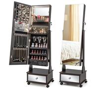 COSTWAY Free Standing Jewellery Cabinet, 3-Color LED Lights Lockable Jewelry Armoire with Full Length Mirror, Storage Drawer and Wheels, Mobile Angle-Adjustable Jewellery Organiser Gift (Coffee)