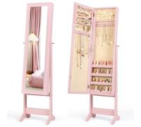 COSTWAY Freestanding Jewellery Cabinet, 3-Angle Adjustable Jewelry Armoire with Full-Length Mirror and Large Storage, Bedroom Floor Makeup Cosmetics Jewellery Organiser Unit Gift (Pink+Beige)