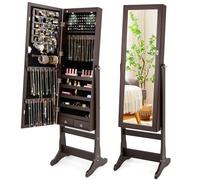 COSTWAY Freestanding Jewellery Cabinet, 4-Angle Adjustable Lockable Jewelry Armoire with Full-Length Mirror, Inner LED Lights and Large Storage, Bedroom Makeup Cosmetics Jewellery Organiser (Brown)