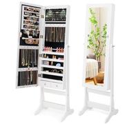 COSTWAY Freestanding Jewellery Cabinet, 4-Angle Adjustable Lockable Jewelry Armoire with Full-Length Mirror, Inner LED Lights and Large Storage, Bedroom Makeup Cosmetics Jewellery Organiser (White)