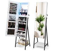 COSTWAY Freestanding Jewelry Cabinet, 3-Color LED Lights Lockable Jewelry Armoire with Full Length Mirror, Makeup Mirror and Bottom Shelf, Bedroom Jewellery Storage Organiser Unit Gift (White)