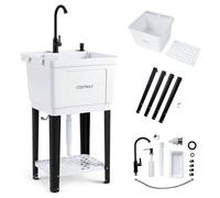 COSTWAY Freestanding Single Bowl Utility Sink, 55L Drain Laundry Tub with Faucet, Soap Dispenser, Drip Tray & Storage Shelf, Indoor Outdoor Portable Hand Wash Station for Washing Room Garage Garden