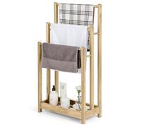 COSTWAY Freestanding Towel Rack, Solid Wood Towel Holder Drying Stand with 3 Towel Rails and Storage Shelf, Bathroom Accessory Organizer for Bath & Hand Towels, 45x22x86cm (Pine Wood, Natural)
