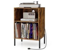 Costway Freestanding Turntable Stand 3-Tier Side Table W/ Charging Station Rustic Brown