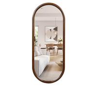 COSTWAY Full Length Mirror, 110 x 45cm Large Oval Wall Mirror with Hanging Hooks, Solid Wood Frame Accent Wall Mounted Vanity Mirrors for Hallway, Bathroom, Living Room and Bedroom, Walnut